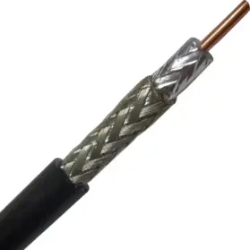 Close-up of a shielded electrical cable: black outer jacket, braided metal shield, and exposed copper conductor beyond the shield
