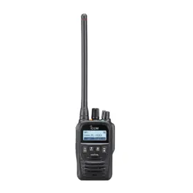 Two-way radio handheld device with an external antenna and small screen showing channel status, used for communicating over short distances