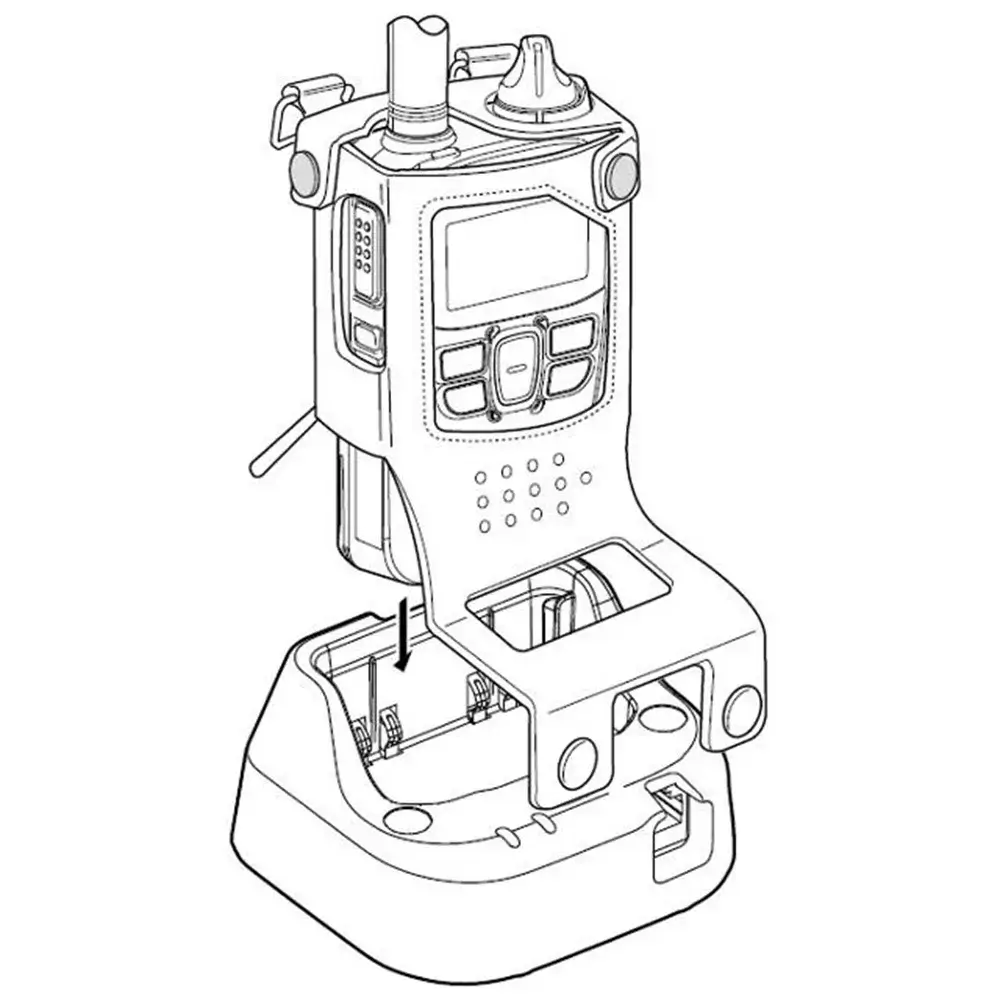 Ilustrasi Pemakaian Radio HT ke Desktop Charger - Rakomindo Ilustrasi Pemakaian Radio HT dengan sarung HT Icom LC-185 ke desktop charger.